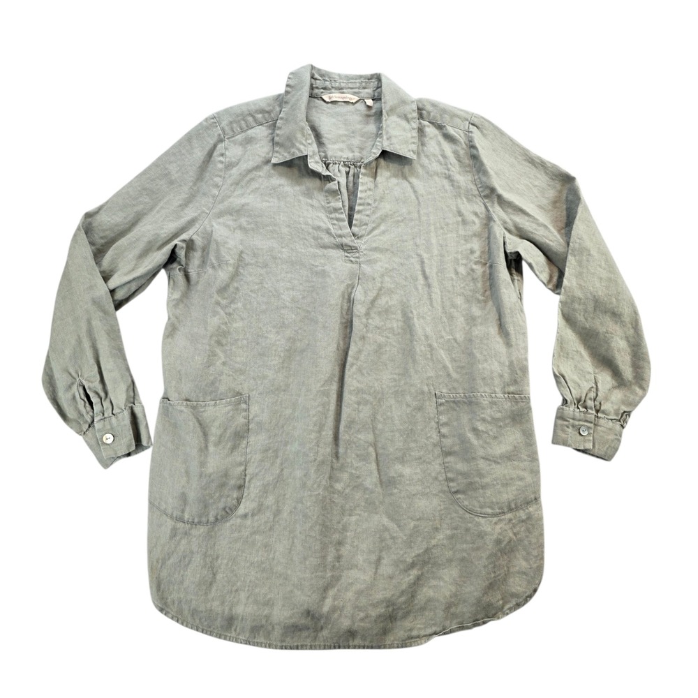 Soft Surroundings Linen Tunic Shirt Sage Green V Neck Long Sleeve Pockets‎ sz Lg